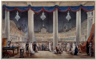 Ipari termékek kiállítása a Louvre udvari terén 1801 Gouache és névtelen akvarell. 1801. Párizs, Musee Carnavalet