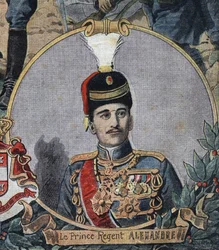 Első világháború 1914-1918 (14-18): Sándor szerb régens herceg portréja, aki I. Sándor jugoszlávia vagy II. Sándor szerb király lett (1888-1934). Metszet a „Le Petite Journal”-ban