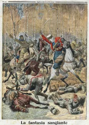 Első világháború 1914-1918 (14-18): „A véres fantázia”. Az erdőben egy harminc fős uhlán (lándzsás német lovas) csapat küzdött nyolc győztes algériai szpáhival. Metszet a „Le Petite Journal”-ban, 1915.11.28. Magángyűjtemény.
