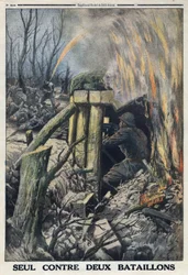 Első világháború 1914-1918 (14-18. háború). Egy francia tiszt egyedül harcol a német hadsereg két zászlóalja ellen a Bois de Caures-ban. A „Le Petite Journal” című kiadványban, 1916.05.14. Magángyűjtemény