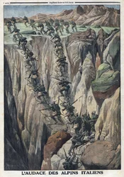 Első világháború 1914-1918 (14-18. háború). Az olasz katonák felmásznak a Cauriol csúcsára az olaszországi Fiemme-Alpokban. A „” Le Petite Journal” október 8-án