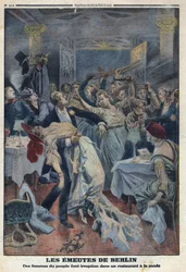 Első világháború 1914-1918 (14-18. háború). A nép asszonyai betörnek egy divatos étterembe, és követelik férjük visszaszolgáltatását. A „Le Petite Journal”-ban, 1916.01.16. Magángyűjtemény