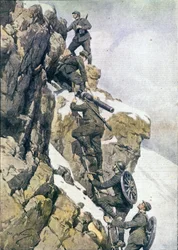 Első világháború: „” olasz alpesi vadászok (alpino vagy alpini) anyagot szállítanak az olasz Alpok csúcsán