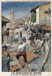Áradások Spanyolországban: XIII. Alfonz király (1886-1941) meglátogatja Sevilla baljós elővárosait. Metszet a „Le Petite Journal”-ban, 1912.02.25. Magángyűjtemény.
