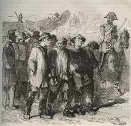 Elítéltek menet közben a bagne de Rochefortban a XIX. Pierre Zaccone (1817-1895) (Colonia Penale - Büntetőtelep) metszet az „Elítéltek története a megalkotásuktól napjainkig” című könyvébe (1877). Magángyűjtemény.