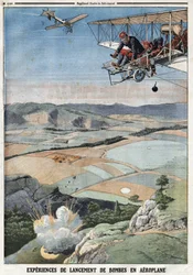 French Armee: "" Repülőgép bombakilövési tapasztalatok"". Metszet a „Le Petité Journal”-ban, 1912.04.14. Magángyűjtemény.