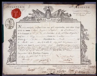 Francia forradalom: a cambrai körzet dandárának hadnagya IV. Prair évének (1796.05.24) keltezett katonai konge hivatalos dokumentuma. Nord Lille Osztályi Levéltára