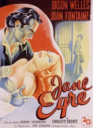 Francia filmplakát a „Jane Eyre” című filmhez, amelyet Charlotte Bronte írt és Robert Stevenson rendezett 1944-ben, Orson Welles színészekkel Edward Rochestert és Joan Fontaine-t Jane-ként. Magángyűjtemény.