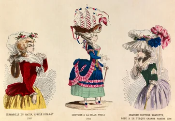 Balról jobbra: Pierrot néven Deshabille du matin 1787-ben; Frizura a la Belle Choule 1780-ban; Kalap sapka és ruha egy nagy török dísz 1786-ban - magángyűjtemény
