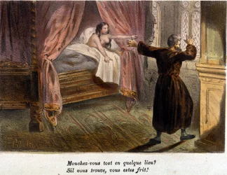 Gáláns jelenet: Egy szerzetes meztelen nő társaságában az ágyban, egy személy érkezésén meglepődve, el akar rejtőzni. 19. századi színes metszet.