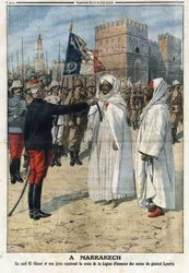 "Hubert (Louis-Hubert-Gonzalve) Lyautey (1854-1934) tábornok átadja a Becsületlégió keresztjét a caid (pasa) Thami El-Glaoui (El Glaoui) (1879-1956) és testvérének Marrákesben, Marokkó illusztrációja a „” The Petity Journal” 25 A