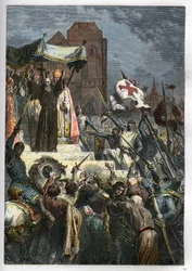 Isten akarja: a clermonti zsinaton (ma Clermont Ferrand (Clermont-Ferrand), Auvergne) Remete Péter (1050-1115) hirdette az első keresztes hadjáratot II. Urbán pápa előtt.