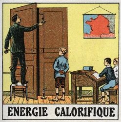 Hőenergia: egy tanár az osztályteremben egy gyertyát tart egy nyitott ajtó közelében. Névtelen illusztráció 1925-ből. Magángyűjtemény.