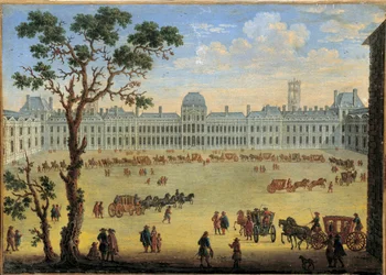 Képzeletbeli kilátás a palotáról és a Tuileries Park Anonymous festményéről. 17. század. Homályos. 0,35x0,49 m.