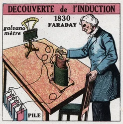 Indukció: Michael Faraday (1791-1867) fedezte fel az indukciót 1830-1831-ben egy elem és egy galvanométer segítségével. Névtelen illusztráció 1925-ből. Magángyűjtemény.