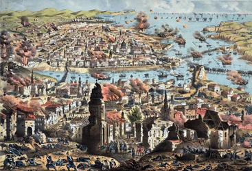 Szevasztopol belseje (Sebastopol), a város elpusztítása az oroszok által, visszavonulásuk - Ismeretlen tüzértiszt - 1855 - Színes litográfia - 51,3x68,4 - Magángyűjtemény