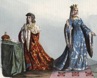 VI. Henrik angol király és hitvese, Anjou Margit – VI. Henrik Anglia (1421–1471) és Anjou-i Margarita (1429–1482) – metszet a „Szokások és szokások az Univerzum minden népének” c. Ez a kormány, a törvények, a milió története