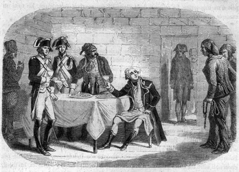 Armand Louis de Gontaut de Biron herceg, a Rajna és Var Armees főtábornoka utolsó pillanata; meghalt 1793-ban - Metszet Alphonse de Lamartine (1790-1869) „Histoire des Girondins” című könyvébe 1865-1866. Magángyűjtemény