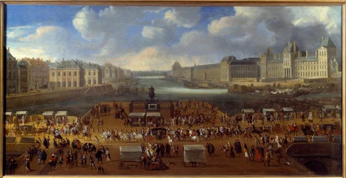 Le Pont Neuf a Place Dauphine bejárata felől nézve, a hídon egy kortézs átjárója 1669-ben Anonymous festmény. Nap. 0,81x1,62 m Párizs, Carnavalet múzeum