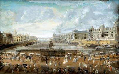 A Le Pont Neuf a Place Dauphine bejáratától, a Quai Malaquais a Négy Nemzet Kollégiumával és a Grande Galerie és a Louvre Anonymous festménye felől nézve. 1669. Párizs, Musee Carnavalet