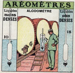 Folyadékegyensúly: az alkohol sűrűségét alkoholométerrel méri (az aerométer alkoholhoz használja). Névtelen illusztráció 1925-ből. Magángyűjtemény.