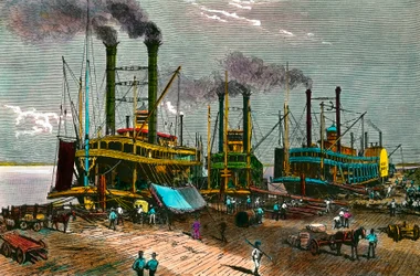 Gyapot betöltése gőzhajókra Mississippin New Orleansba (New Orleans). századi metszet. Magángyűjtemény