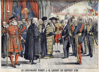 London, Nagy-Britannia. Sir Marcus Samuel egy aranydobozt ajándékoz Emile Loubet elnöknek a Guildhallban tartott fogadás után. Le petit Journal, 1903. július.