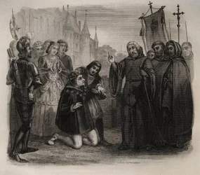 XI. Lajos (1423-1483) a „Szentek élete” című 1846-os metszet Francois de Paule-tól (1416-1507) kéri vezérét. Magángyűjtemény.