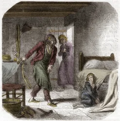 XVII. Lajos (1785-1795) a templomban, geolierjével Antoine Simon cipész – Alphonse de Lamartine (1790-1869) „Histoire des Girondins” metszete 1865-1866 - Magángyűjtemény