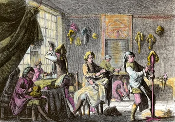 XV. Lajos divat: egy parókás fodrász belsejének képe. Metszet 1755 körül. Magángyűjtemény