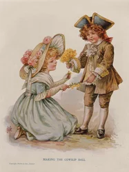Cowslip Ball készítése, könyvillusztráció, 20. század eleje (színes litográfia)