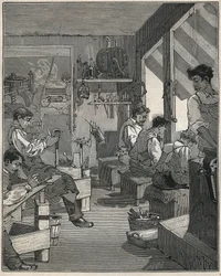 Fésűk gyártása egy franciaországi műhelyben a XIX. Metszet 1885-ből Adolphe BITARD „Les arts et metiers illustres” című könyvében.