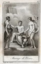 Házasság a Mars és a Vénusz között. Metszet 1819-ből Charles Albert Demoustier (1760-1801) „Lettres a Emilie sur la mythologie” című művében. Magángyűjtemény.