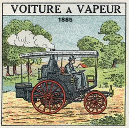 Mechanikus vontatás: Albert de Dion márki (1856-1946) gőzkocsija 1885-ben. Névtelen illusztráció 1925-ből. Magángyűjtemény.