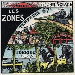 Meteorológia: hőeloszlás a földön és a különböző éghajlati területeken (meleg, mérsékelt, poláris zónák). 1925 névtelen illusztrációja. Magángyűjtemény.