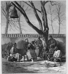 Katolikus tanok missziós tanítása Henan tartományban (Ho Nan, Ho-Nan), Kínában. Louis-Eugene (Louis Eugene) Louvet „Katholikus missziók a XIX. században” című metszetébe. magángyűjtemény.
