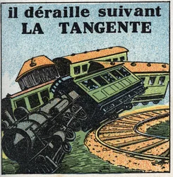 Mozgások: érintő. Vonat kisiklás. Névtelen illusztráció 1925-ből. Magángyűjtemény.