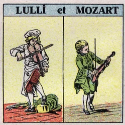 Hangszerek: dörzsölt vonós hangszerek. Jean Baptiste Lully (Giovanni Battista Lulli) (1632-1687) és Wolfang Amadeus Mozart (1756-1791) hegedül. Névtelen illusztráció 1925-ből. Magángyűjtemény.