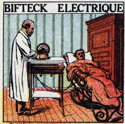 Az elektrolit élettani hatásai: elektromos steak. Beteg ellátása elektromos folyadék átvezetésével a testén csupasz fémelektródák segítségével. Névtelen illusztráció 1925-ből. Magángyűjtemény.