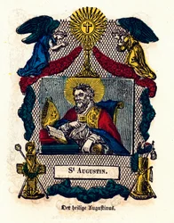 Jámbor kép: Szent Ágoston (Hippói Ágoston (354-430), eveque és egyházdoktor, Szent Ágoston regulája és a hitvallások szerzője). századi magángyűjtemény metszete