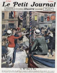 Népi táncmulatságok Párizs utcáin a július 14-i nemzeti ünnep alkalmából. Illusztráció a „Le Petit Journal illustré“ 1921. 07. 17-i számából. Magángyűjtemény