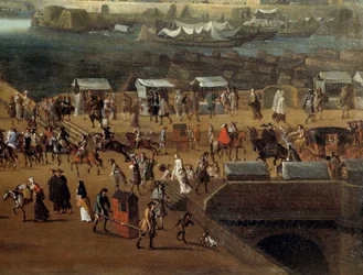 Portás székek és tömeg a párizsi Pont Neuf-on a 17. században Részlet. Névtelen festmény. Párizs, Musee Carnavalet