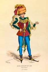Egy fiatal elegáns portréja és jelmeze Párizsban 1480-ban, metszet - magángyűjtemény