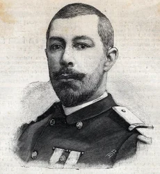 Antoine Mizon (1853-1899) francia felfedező Afrikában portréja. Metszet a „Le Peute Parisien”-ben