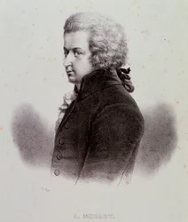 Wolfgang Amadeus Mozart (1756-1791) osztrák zeneszerző portréja Metszet. 19. század. Milánói magángyűjtemény