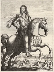 Weimar szász Bernard (1604-1639) portréja Werth János elfogásának Bernard herceg és Rohan herceg általi ábrázolásával. 17. századi metszet. Magángyűjtemény.