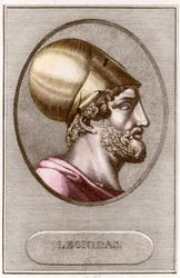 Leonidas 1., Spárta királyának portréja - 491 a - 480. Metszet. Magángyűjtemény.