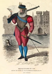 Muskétás portréja 1586-ban Párizsban (III. Henrik király uralkodása alatt), metszet, magángyűjtemény - Testőr Párizsban