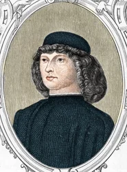 Giovanni Bellini olasz festő portréja mondta il Giambellino (1425/1433-1516), Armandaud 1859-es metszete „Európa – Olaszország galériáiban”. Magángyűjtemény.