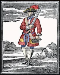 Jack Rackham kalóz, a Vörösnek vagy John Rackhamnek nevezett, ismertebb nevén Calico Jack portréja (? 1720). Metszet